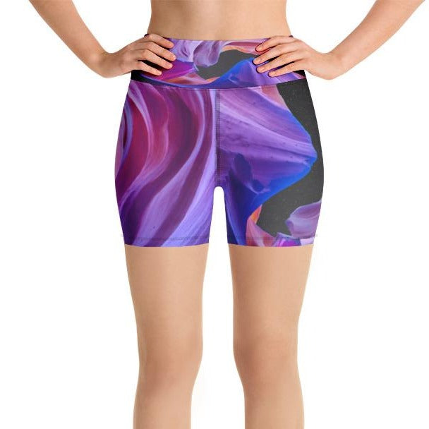 Cosmic print yoga shorts by Catherine Liang front view